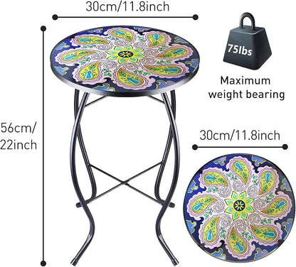 Arbuxzuy 12 Inch Small Outdoor Side Table with Purple Flower, Glass Mosaic Patio Table Indoor, Round Plant Coffee Table for Living Room, Balcony, Garden