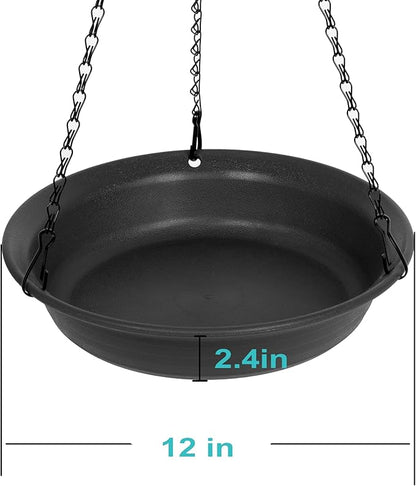 VUWEZ Hanging Bird Bath, Hanging Bird Water Feeder for Outdoors, Feeder Bowl, 1 Pack Birdbath Tray Accessories for Outside, Plastic Birdbaths Tray for Garden Patio Decoration (12", Dark Black)