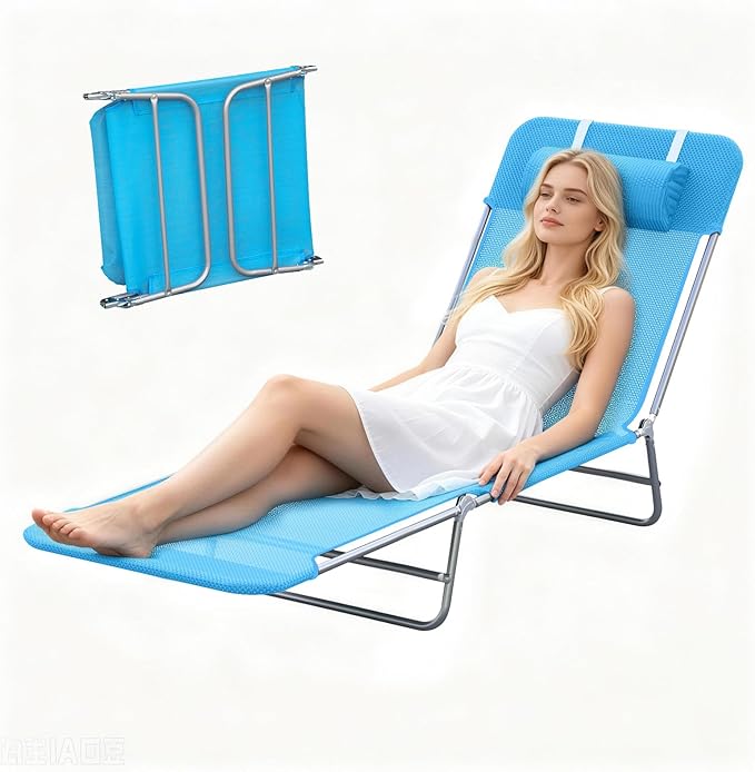 Outdoor Chaise Lounge with Detachable Pillow, Reclining Folding Chair with 5-Position Adjustable Back, Portable Tanning Chair For Beach, Pool, Lawn, Breathable Mesh Seat, No Assembly (Blue 3)