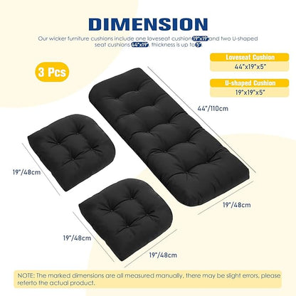 Patio Furniture Cushions Outdoor, Waterproof Wicker Chair Cushions Set of 3, 1 Loveseat & 2 Seat Pads, Thick Outdoor Replacement Cushions for Porch Lawn Bench Couch Sofa Swing, Black