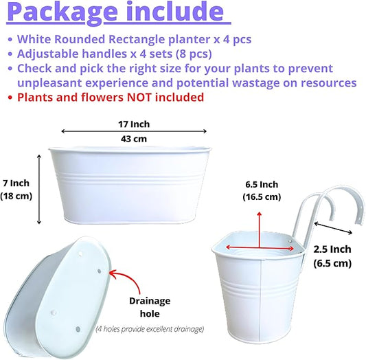 LaLaGreen Planter Boxes for Outdoor (4 Pack, 17 Inch) White Metal Deck Railing Hanging Flower Pots, Large Window Box Plant Holder Hooks Fence Rail Buckets Herb Boho Style Wall Mount Porch Garden Decor