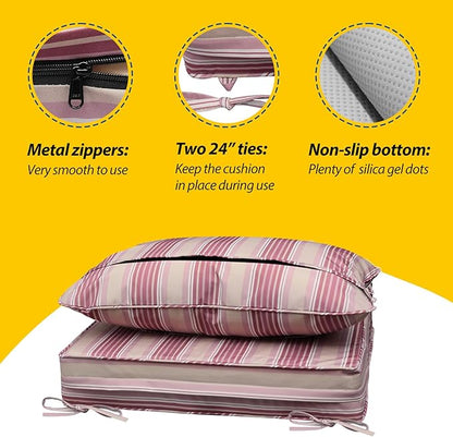 AAAAAcessories Outdoor Seat Cushions for Chairs, Fade-Resistant, Waterproof Patio Furniture Replacement Cushions, 23.5" x 25.5" x 5" + 23.5" x 19", Dusty Rose Garden Stripe