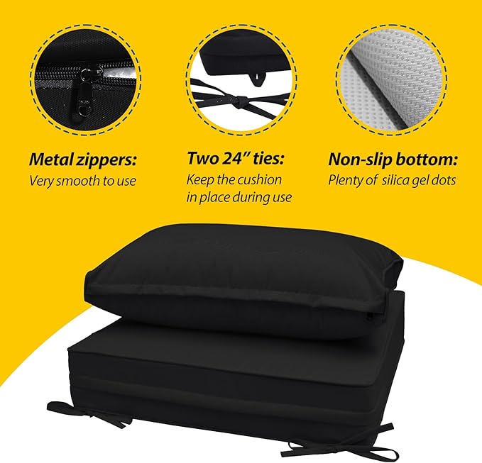 AAAAAcessories Outdoor Seat Cushions for Chairs, Fade-Resistant, Waterproof Patio Furniture Replacement Cushions, 24" x 24" x 5" + 24" x 13.5", Charcoal Black