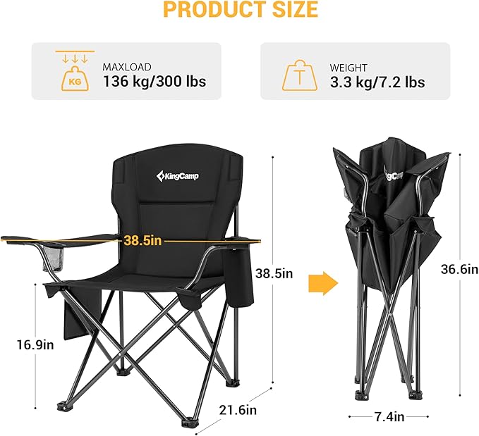 KingCamp Padded Folding Lounge Chairs with Built in Cupholder, Insulated Cooler Sleeve, and Side Storage Pocket for Indoor and Outdoors, 2 Pack, Black