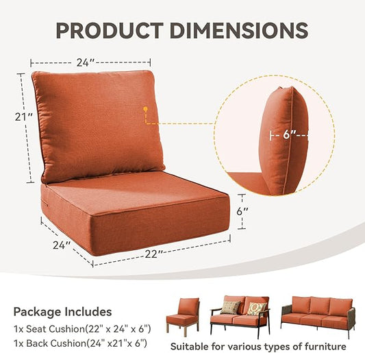 6" Thick Outdoor Chair Cushions - 22"* 24" Patio Furniture Cushions with Water Resistant & Removable Cover, 28D High Density Sponge Patio Cushion for Outdoor Furniture Couch Chair Orange