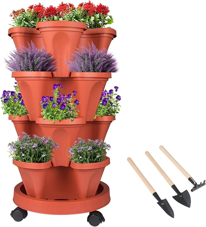 GameXcel Vertical Planter Tower- 4 Tier Stackable Garden Planter with Wheels and Tool Set – Grow Strawberries Herbs Flowers and Vegetables - Indoor Outdoor Use Red