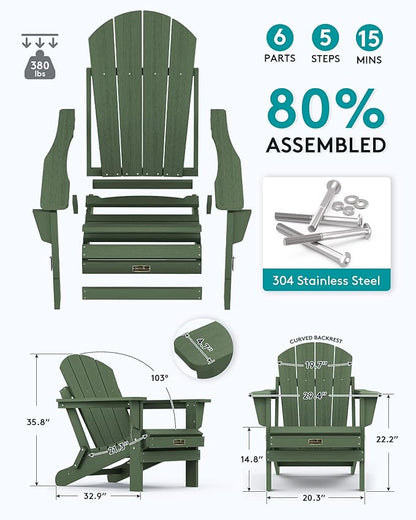 SERWALL Folding Adirondack Chair for Patio Garden, All-Weather Outdoors Chairs, Wooden Textured Fire Pit Chairs for Poolside, Backyard, Lawn - Army