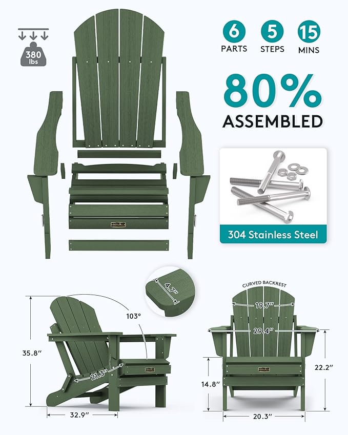 SERWALL Adirondack Chair Set of 6 for Patio Garden Outdoors Fire Pit- Army