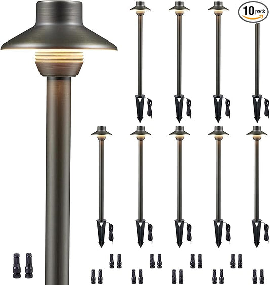 Gardenreet Brass Landscape Path Lights, LED 12V Low Voltage Pathway Lights Wired, Outdoor Garden Lights Waterproof, Mini Shade Bronze ETL for Patio Lawn Without G4 Bulb 10 Pack