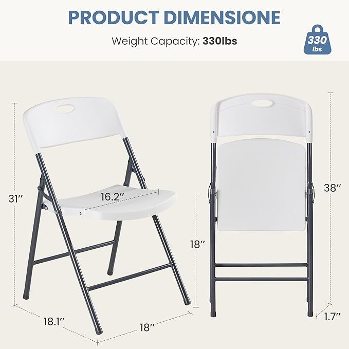 DUMOS 10 Pack Folding Chairs Heavy Duty - Plastic Stackable Portable Dining Chairs Set, Wedding, Party, Patio, Garden, for Indoor Outdoor, for Home and Office, Conference, White