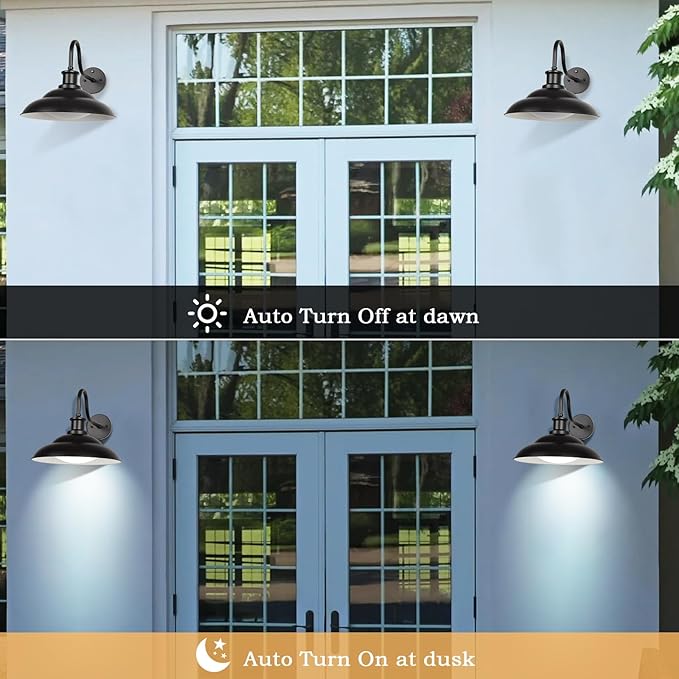 Dusk to Dawn Outdoor LED Barn Light, 16 Inch Large Farmhouse Exterior Wall Light Fixture with Adjustable Color Temperature, Modern Black White Porch Light Outside for House Garage Doorway
