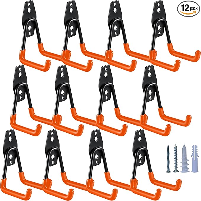 HUPBIPY Heavy Duty Garage Hooks 12 Pack, 2.8 inch Small U Shaped Hanger, Wall Mounted Storage System, Power and Garden Tool Organizer, for Hanging Ladders, Hose, Bulk Items and More