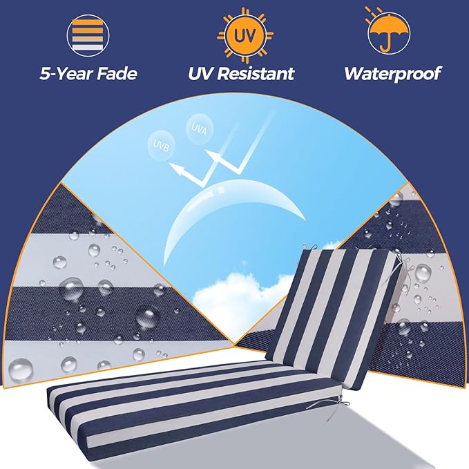 Outdoor Chaise Lounge Cushion - Waterproof & Fade Resistant Patio Lounger Cushions with Removable Cover for Pool, Deck, Lawn .70 x 22 x 4 Inch (Sapphire Blue Cabana Stripe)