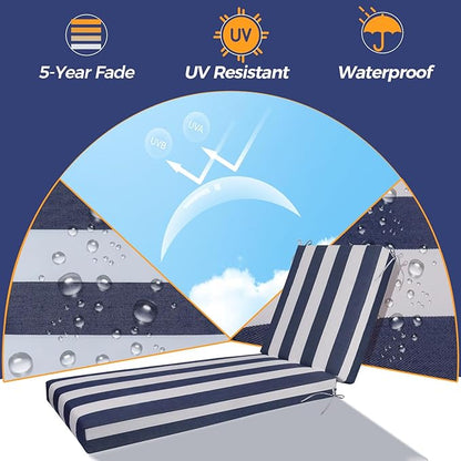 Outdoor Chaise Lounge Cushion - Waterproof & Fade Resistant Patio Lounger Cushions with Removable Cover for Pool, Deck, Lawn .70 x 22 x 4 Inch (Sapphire Blue Cabana Stripe)