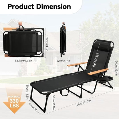 Foldable Chaise Lounge Chair Outdoor, Tanning Chair with 4-Position Reclining Back, Folding Sun Lounger, Outdoor Lounge Chair for Beach, Poolside, Backyard, Camping, UPF 50+, 300 LBS
