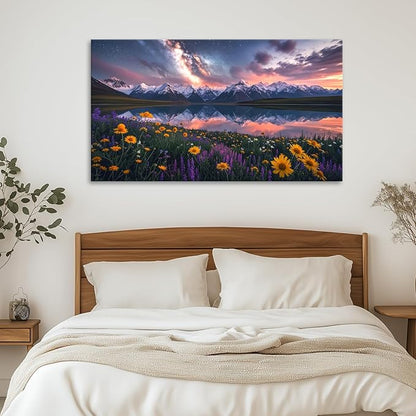 JLXART Wall Art Yellow Sunflower Field Canvas Mountain Artwork Landscape Print for Living Room Framed 20x40inch
