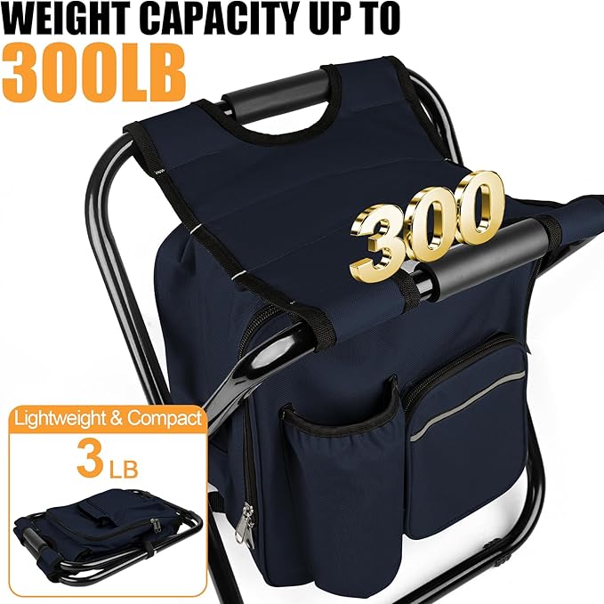 Kikerike Backpack Stool Cooler Chair Heavy Duty 300 LBS Max Load Portable Lightweight Stool Backpack Folding Fishing Cooler Seat for Camping Hunting Fishing - Navy Blue