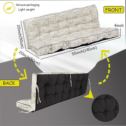 Porch Swing Cushion Three Seat, Waterproof Swing Cushions Replacement with Backrest, Outdoor Garden Furniture Patio 4" Thickened Cushions with Ties (White Leaves, 40 x 63in)