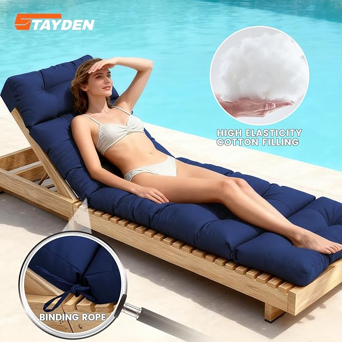 Outdoor Lounge Chair Cushions, Chaise Lounge Chair Cushions Replacement for Patio Furniture with Ties Waterproof Fabric Pool Chasie Cushion 74.4 x 22 x 4.7 Inches