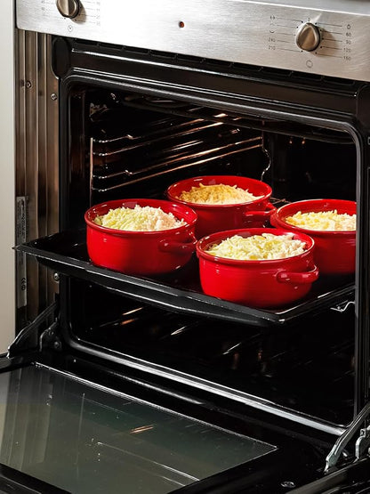 LE TAUCI Soup Bowls with Handles - 22 oz Lead-Free Ceramic French Onion Crocks, Oven and Microwave Safe, Heat-Resistant Design, Stackable, Dishwasher Safe, Set of 4, Red