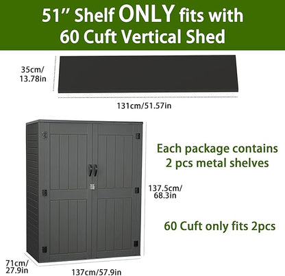 EHHLY Vertical Resin Storage Shed with 2 Shelves, 60 Cuft Garden Tool Sheds & Outdoor Storage, Plastic Outdoor Storage Cabinet Waterproof, 4.5 x 2.3 ft Backyard Outside Lawn Mower Storage Shed, Grey