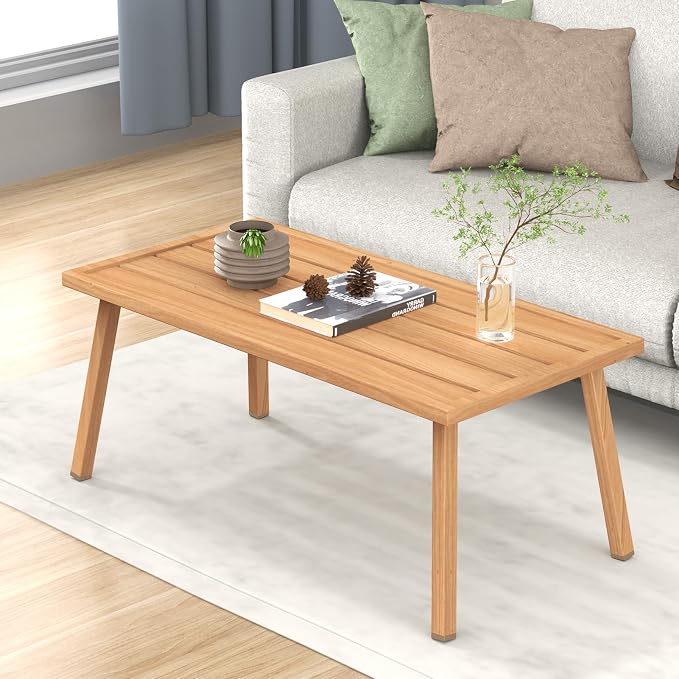 C-Hopetree Small Metal Outdoor Coffee Side Table for Outside Patio, Rectangle, Wood Look