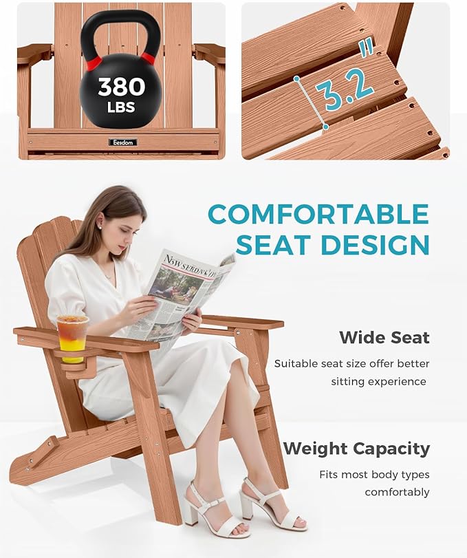 Folding Adirondack Chair,All-Weather HDPE Fire Pit Chair with 2 Cup Holders, Plastic Outdoor Chair for Patio Deck Garden Lawn, Teak