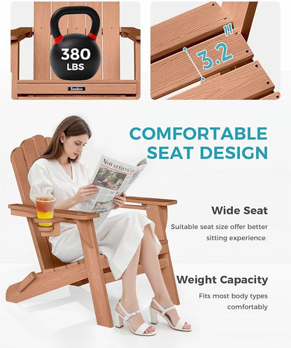 Folding Adirondack Chairs Set of 4,All-Weather HDPE Fire Pit Chair with 2 Cup Holders, Outdoor Chair for Patio Deck Garden Lawn, Teak