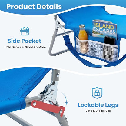 DUMOS Lounge Chair Outdoor, Beach Tanning Chair with Face Hole, Blue | 5-Position Adjustable Sunbathing Tanning Chair, Foldable Portable Chaise Lounge by Pool Patio Lawn Camping Reading, Arm Hole