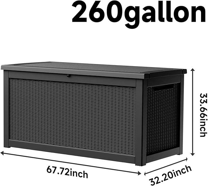 260 Gallon Deck Box, Waterproof Resin Outdoor Storage Box Lockable for Patio Furniture, Fade Resistant Patio Side Table & Organizer for Garden Tools, Pool Floats, Outdoor Cushions, Black
