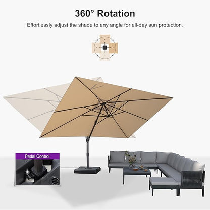 PURPLE LEAF 10' × 13' Patio Cantilever Umbrella Outdoor Rectangle Adjustable Offset Umbrellas with 360-degree Rotation and 8 Heavy Duty Metal Ribs for Garden Deck Pool Beige