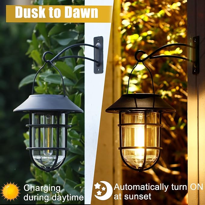Solar Lantern Hanging Solar Lights Outdoor, Waterproof Metal Wall Lantern with Hooks, Outdoor Wall Lights for Porch, Patio Yard Garden Decor, No Wiring Required, 2 Pack