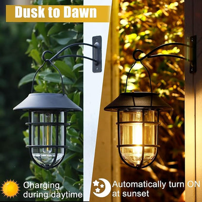 Solar Lantern Hanging Solar Lights Outdoor, Waterproof Metal Wall Lantern with Hooks, Outdoor Wall Lights for Porch, Patio Yard Garden Decor, No Wiring Required, 2 Pack