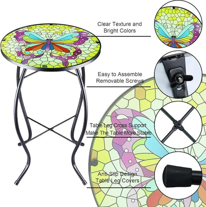 Arbuxzuy 12 Inch Small Outdoor Side Table with Colorful Butterfly, Glass Mosaic Patio Table Indoor, Round Plant Coffee Table for Living Room, Balcony, Garden