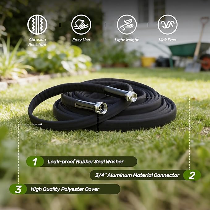 Garden Hose 50ft Non-Expandable Lightweight,Premium Flexible, Kink-Resistant Design, Extra Durable & Leakproof with Solid Fittings, Easy Coil Storage for Car, Lawn, Pet & Outdoor Using (50FT)