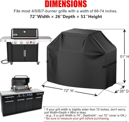 72 inch BBQ Grill Cover, Waterproof, Weather Resistant, Rip-Proof, Anti-UV, Anti-Fade, with Hook-and-Loop Straps, Gas Grill Cover for Most Grills (Black)