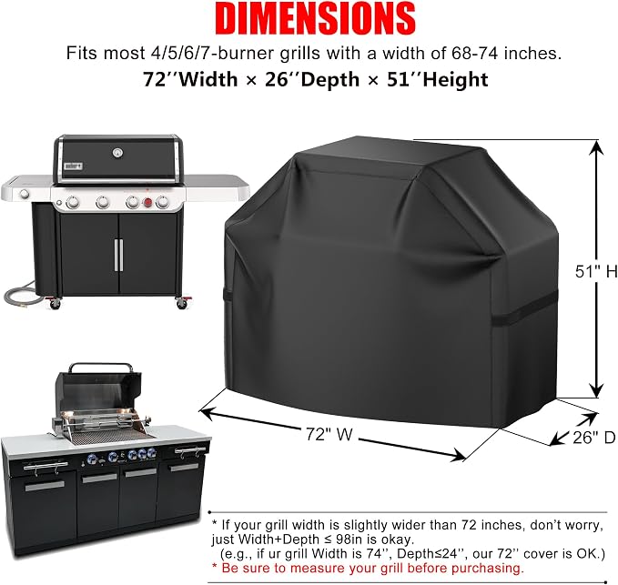 Grill Cover, 72 inch Heavy Duty BBQ Gas Grill Cover for Outdoor Grill, Waterproof, Weather Resistant, Anti-UV, Rip-Proof, Fade Resistant Barbecue Cover with Hook-and-Loop Straps for Most Grills