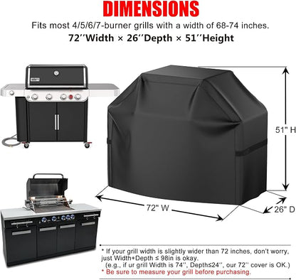 Grill Cover, 72 inch Heavy Duty BBQ Gas Grill Cover for Outdoor Grill, Waterproof, Weather Resistant, Anti-UV, Rip-Proof, Fade Resistant Barbecue Cover with Hook-and-Loop Straps for Most Grills