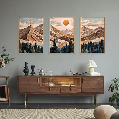 KAIRNE Vintage Mountain Framed Canvas Wall Art Set,Boho Pine Tree Forest Wall Decor,Woodcut Wilderness Landscape Art Prints,Nature Sunrise Artwork for Living Room,Bedroom,Farmhouse,Office-24 x36 x3
