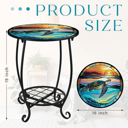 Cinnvoice Outdoor Side Table Round Small Mosaic Patio Accent Indoor End Plant Coffee Tea Table for Yard Patio Porch Garden Living Room, Bedroom(Turtle Style,16 Inch)