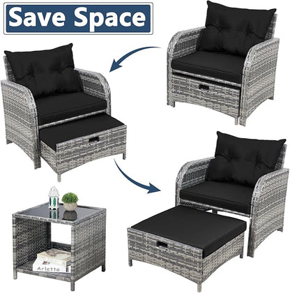 5 Pieces PE Wicker Outdoor Chairs with Ottoman, 5 PCS Rattan Patio Furniture Chairs with Pull Out Ottoman & Side Table for Porch Balcony Sunroom, Black