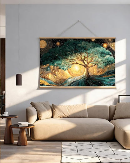 VIYYIEA Extra Large Canvas Wall Art, Tree of Life Abstract Wall Hanging with Wooden Scroll Frame, Spiritual Nature Decor for Living Room Bedroom Meditation Space, 36x54 Inch