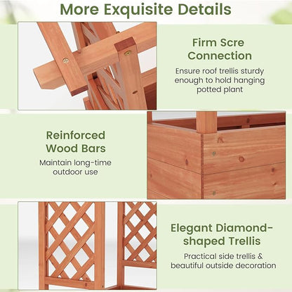 Giantex Raised Garden Bed with 2-Sided Trellis & Hanging Roof, Fir Wood Planter Box w/Drainage Holes, Freestanding Garden Planter for Flowers Herbs Climbing Vines (43"x15"x45")