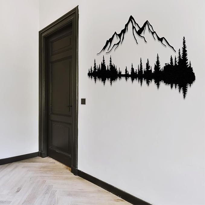 Wita Home Mountain and Forest Metal Wall Art, Wall Mounted Home Decor, Pine Trees and Nature Wall Art for Living Room, Bedroom or Office, Large Outdoor Wall Decor, Nature Christmas Decor (Black Mountain-Black Forest, 56x37 inches)
