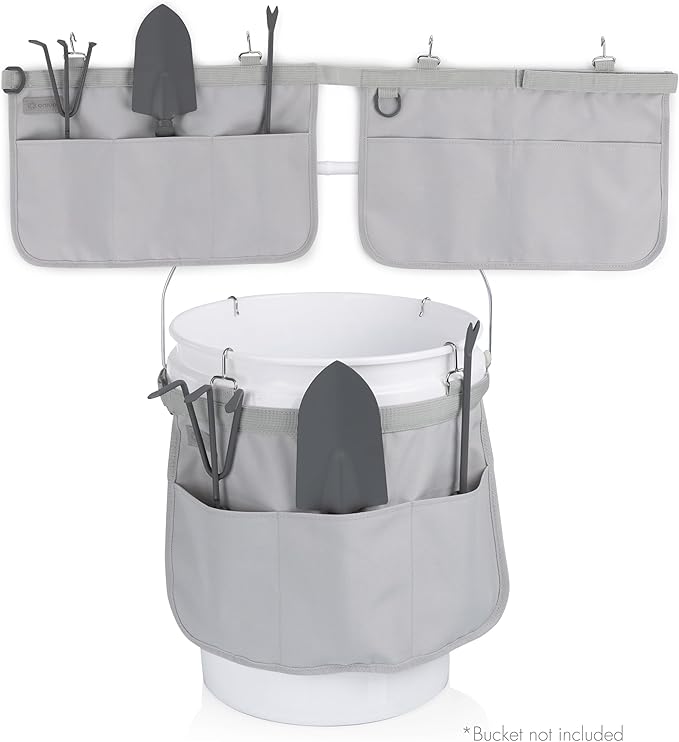 Picnic TIME Garden Bucket Tool Organizer, Gardening Tools Organizer Bag with Hooks to Attach to Bucket, Gardening Essentials and Gifts for Women and Men, Plant Lover Gifts for Gardeners (Fog Gray)
