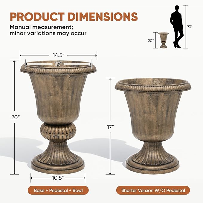 Athena Collection 20''H Garden Plastic Urn Vintage Tall Planter Urn Patio Large Flower Pot Porch Planter Large Planter for Indoor Outdoor Plant, Bronze