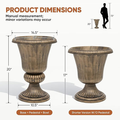 Athena Collection 20''H Garden Plastic Urn Vintage Tall Planter Urn Patio Large Flower Pot Porch Planter Large Planter for Indoor Outdoor Plant, Bronze