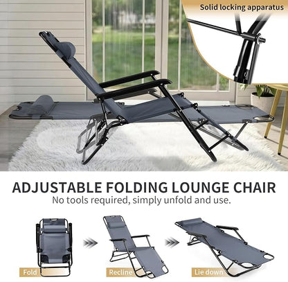 Outvita Folding Chaise Lounge Chair, Outdoor Adjustable Recliner Chair with Pillow for Camping, Beach, Poolside, Garden, Backyard, Lawn