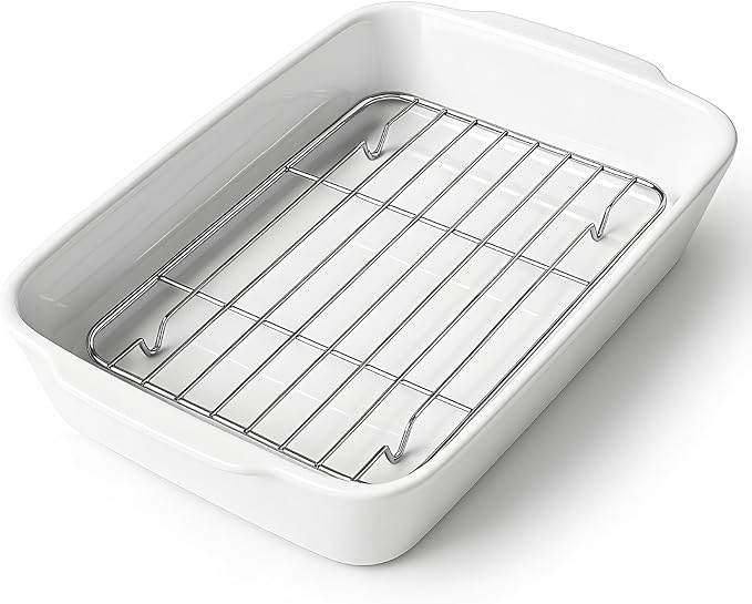 HOMBENE 4.2 QT White Casserole Dishes for Oven, Baking dishes with Roasting Racks, Rectangular Lasagna Pan with Handles for Baking, Ceramic Baking Pan, Microwave Oven Safe