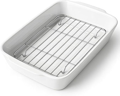 HOMBENE 4.2 QT White Casserole Dishes for Oven, Baking dishes with Roasting Racks, Rectangular Lasagna Pan with Handles for Baking, Ceramic Baking Pan, Microwave Oven Safe